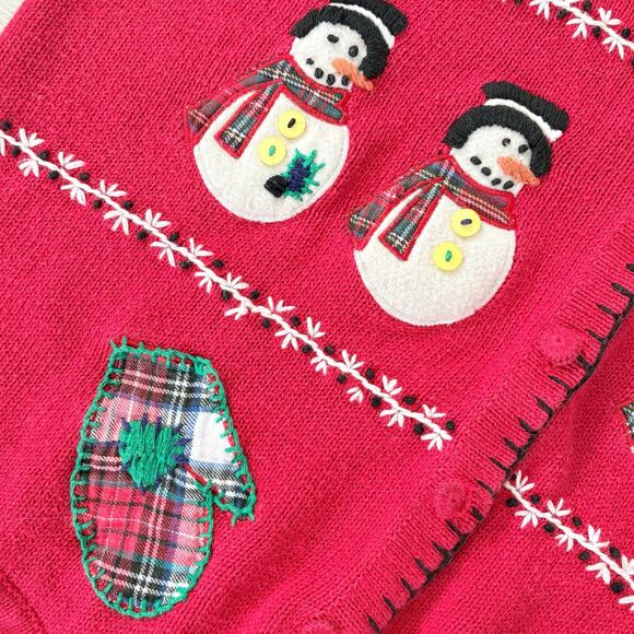 Vintage Christmas Sweater Vest Snowman Embroidery Patch Cottagecore Holiday Red - Picture 2 of 7